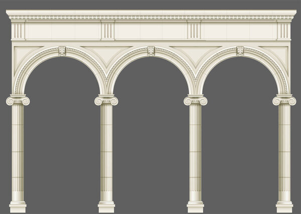 Antique white colonnade with Ionic columns. Three arched entrance or niche. Vector graphics