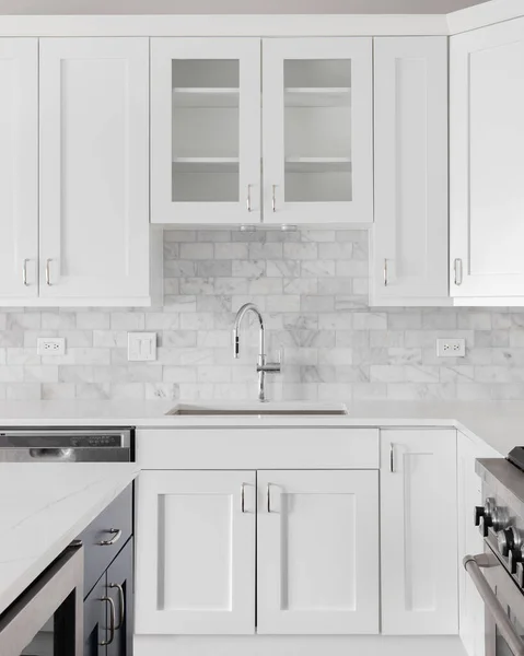 Kitchen Sink Detail Shot White Cabinets Marble Subway Tile Backsplash — Stock Photo, Image