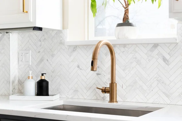 Sink Detail Shot Luxury Kitchen Herringbone Backsplash Tiles White Marble — Stock Photo, Image