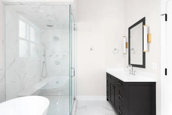 Bathroom Dark Grey Cabinet Gold Sconce Lights Mirror Walk Shower — Zdjęcie stockowe
