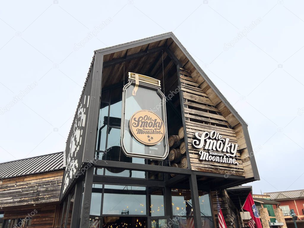 Pigeon Forge, TN, USA - March 12, 2023: The Ole Smoky Tennessee Moonshine at The Island in downtown Pigeon Forge features tastings, moonshine, and other merchandise.