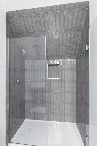 Walk Shower Dark Grey Subway Tiles Built Shelf Glass Door — Stock Photo, Image