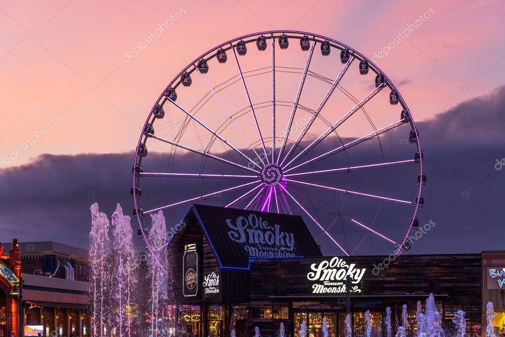 PIGEON FORGE, TN, USA - AUGUST 1, 2022: The Island in Pigeon Forge features stores, wineries, distilleries, and rides for all ages.