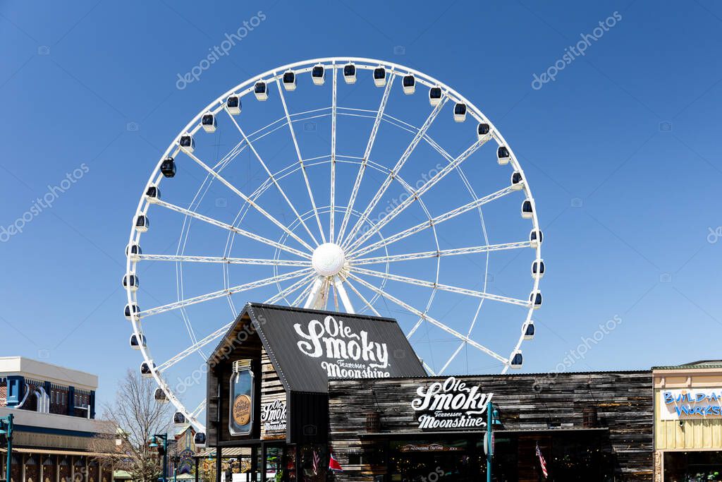 Pigeon Forge, TN, USA - April 13, 2024: The Ole Smoky Tennessee Moonshine at The Island in downtown Pigeon Forge features tastings, moonshine, and other merchandise.