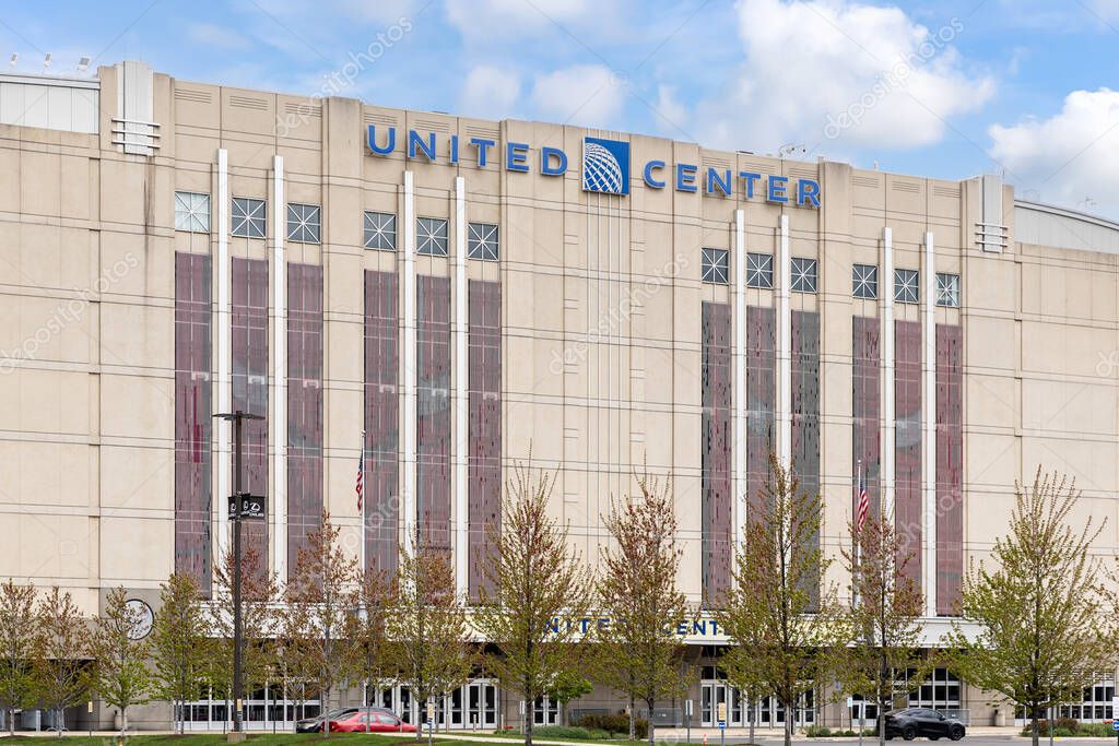 Chicago, IL, USA - April 25, 2024: The United Center, opened in 1994, is the largest indoor entertainment venue in Chicago and home to the Chicago Blackhawks and Bulls.