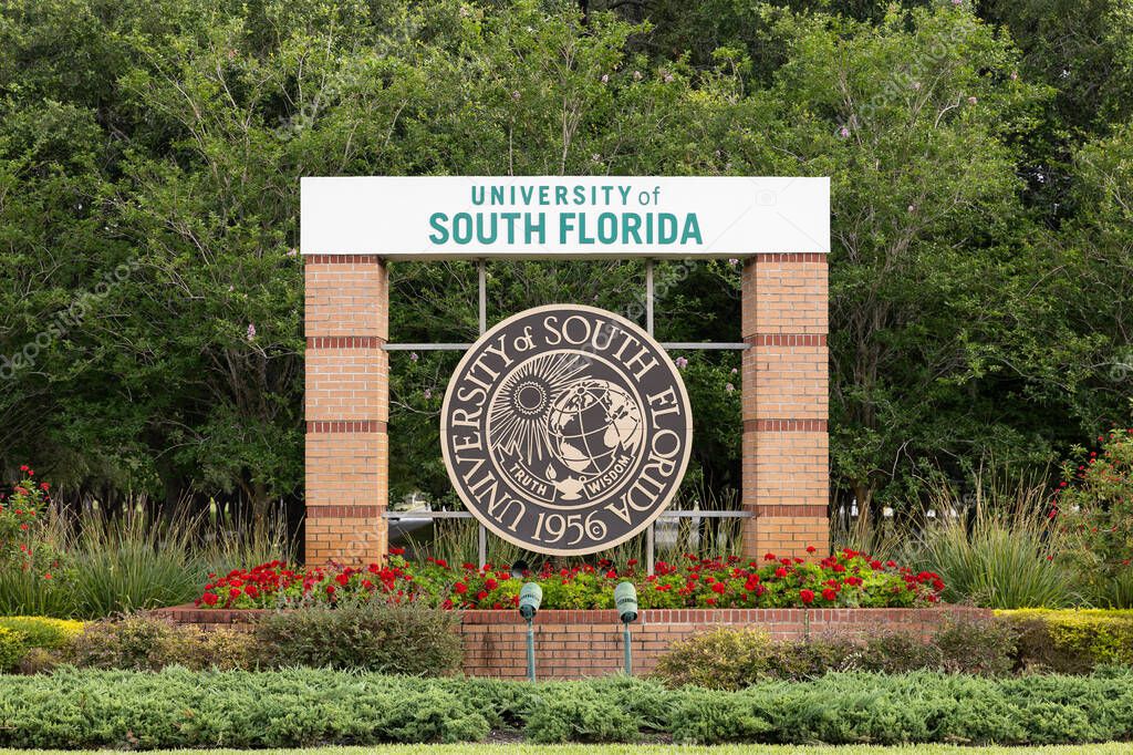 Tampa, FL, USA - May 29, 2024: The University of South Florida is a public research university with their main campus in Tampa, FL. Their mascot is the Bulls.