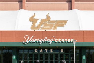 Tampa, FL, ABD - 28 Mayıs 2024: Yuengling Center Güney Florida Üniversitesi kampüsünde ve Bulls basketbol ve voleybol takımlarına ev sahipliği yapmaktadır..