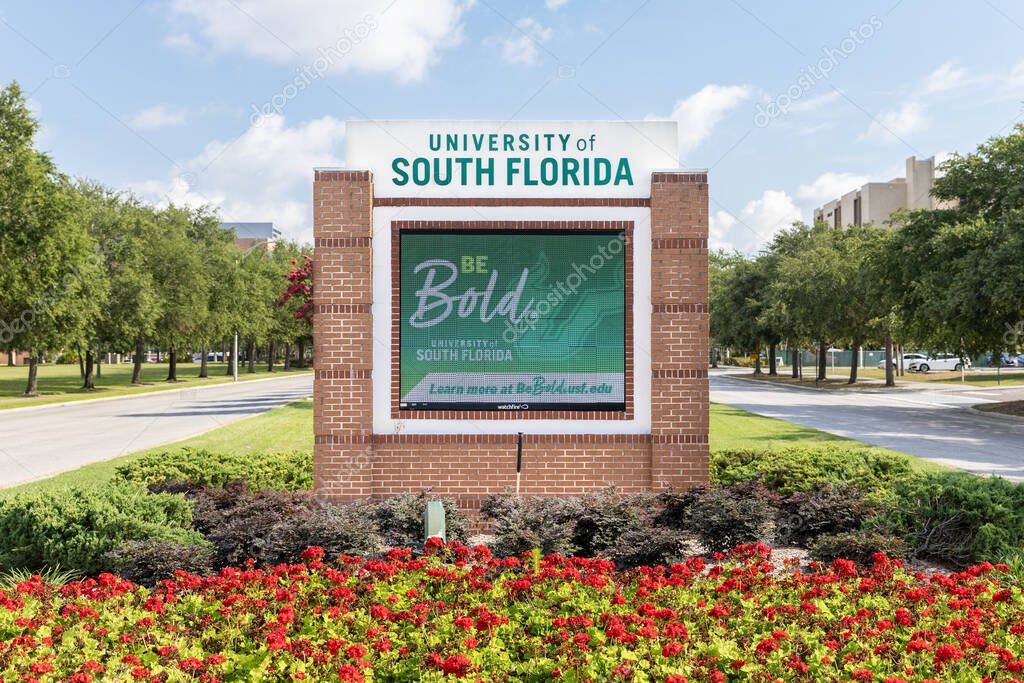 Tampa, FL, USA - May 29, 2024: The University of South Florida is a public research university with their main campus in Tampa, FL. Their mascot is the Bulls.