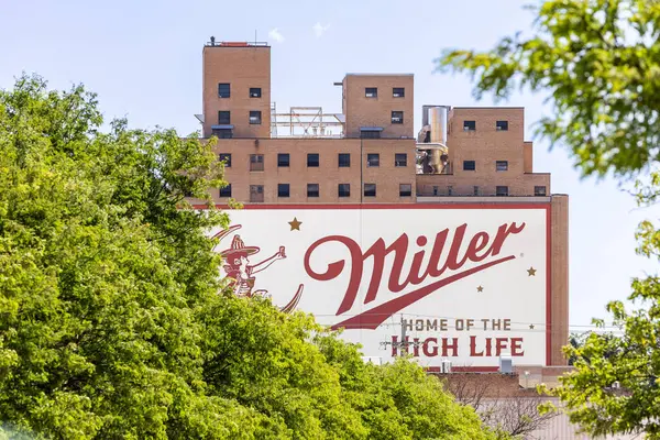 stock image Milwaukee, WI, USA - August 10, 2024: Miller Brewing Co., owned by Molson Coors, has been brewing in their Milwaukee factory since 1860 after being founded by Frederick J. Miller.