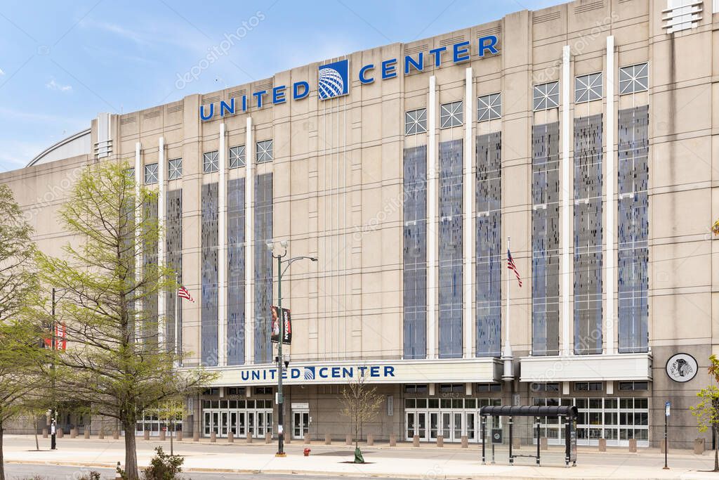 Chicago, IL, USA - April 25, 2024: The United Center, opened in 1994, is the largest indoor entertainment venue in Chicago and home to the Chicago Blackhawks and Bulls.