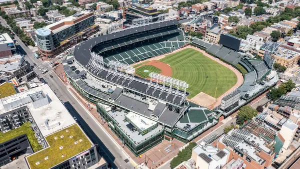 stock image Chicago, IL, USA - August 14, 2024: An aerial view of Major League Baseball's Chicago Cubs' Wrigley Field stadium in the Wrigleyville neighborhood of Chicago.