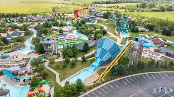 stock image Yorkville, IL, USA - August 20, 2024: Raging Waves is Illinois' largest water park sitting on 58 acres with water slides, a lazy river, stage, and food.