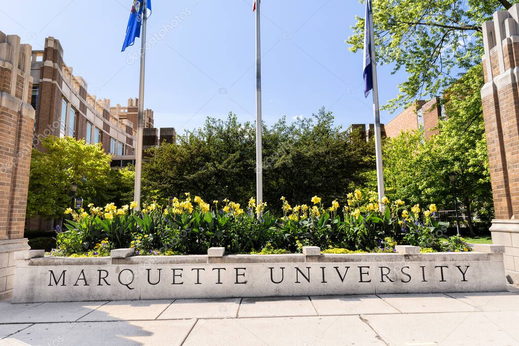 Milwaukee, WI, USA - August 10, 2024: Marquette University is a private Catholic, Jesuit university located near downtown Milwaukee established in 1881.