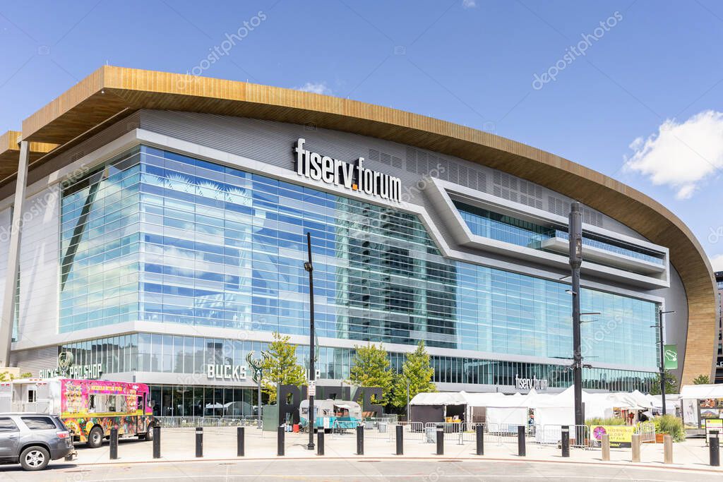 Milwaukee, WI, USA - August 10, 2024: Fiserv Forum is a multi-purpose arena located in the heart of downtown Milwaukee.