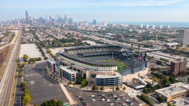 Chicago, IL, USA - August 13, 2024: An aerial view of the MLB's Chicago White Sox's Guaranteed Rate Field. The baseball stadium has had many name changes over the years but is best known for Comisky. clipart