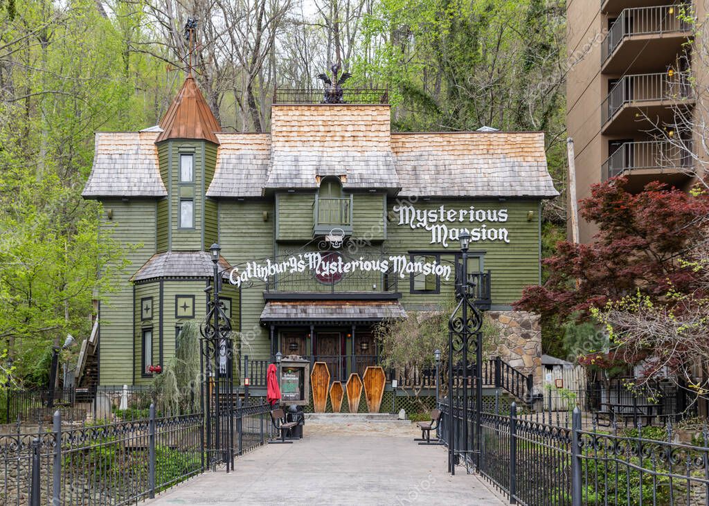 Gatlinburg, TN, USA - April 16, 2024: Gatlinburg's Mysterious Mansion is located in downtown Gatlinburg and is a self guided, three story haunted house.