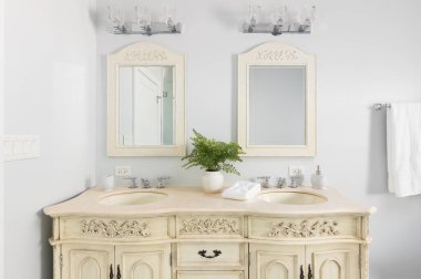 Krem dolabı ve aynaları olan bir banyo ayrıntısı, mermer tezgahın üzerine bir bitki ve havlu oturur, ve aynaların üzerine krom lambalar monte edilir..