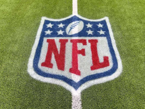 Inglewood, CA, USA - 14 Kasım 2024: Yeşil suni çimen futbol sahası çizgisinde bir NFL logosu.