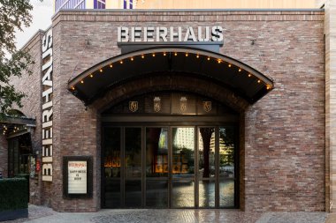 Las Vegas, NV, USA - November 10, 2024: Beerhaus is a restaurant in the New York-New York Hotel and Casino, located near the T-Mobile Arena, featuring craft beers and light snacks. clipart