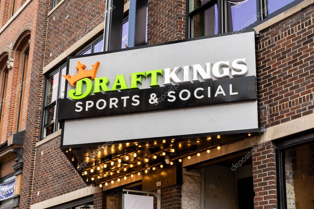 Nashville, TN, USA - March 8, 2025: DraftKings Sports and Social is a bar and restaurant in downtown Nashville on 2nd Avenue featuring games, sports, music, and drinks.