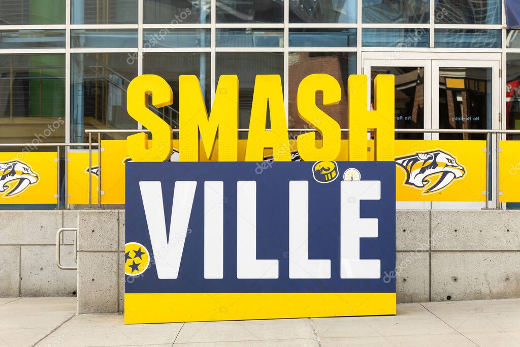 Nashville, TN, USA - March 8, 2025: A Smashville sign outside of the Bridgestone Arena, home to the Nashville Predators, in downtown Nashville.
