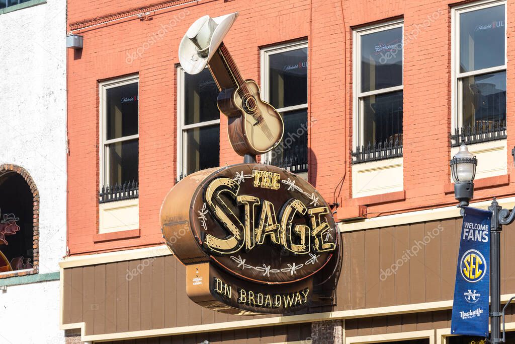 Nashville, TN, USA - March 8, 2025: The Stage On Broadway is an iconic live music dive bar located in the heart of Broadway Street.