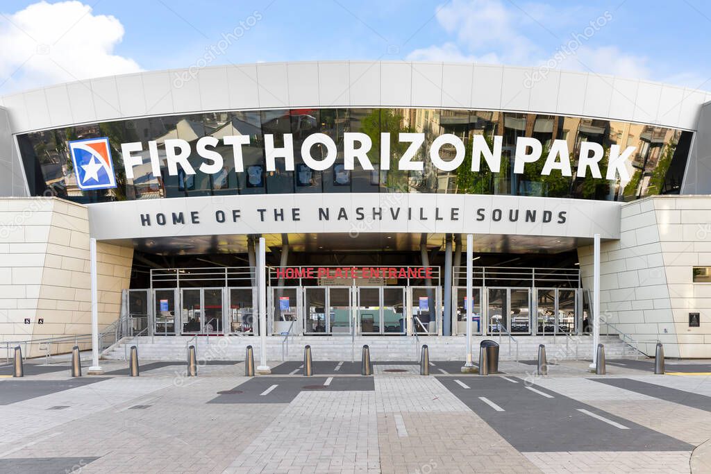 Nashville, TN, USA - April 16, 2025: First Horizon Park is home to the Nashville Sounds, a Minor League Baseball team and affiliate to the Milwaukee Brewers, located in downtown Nashville.