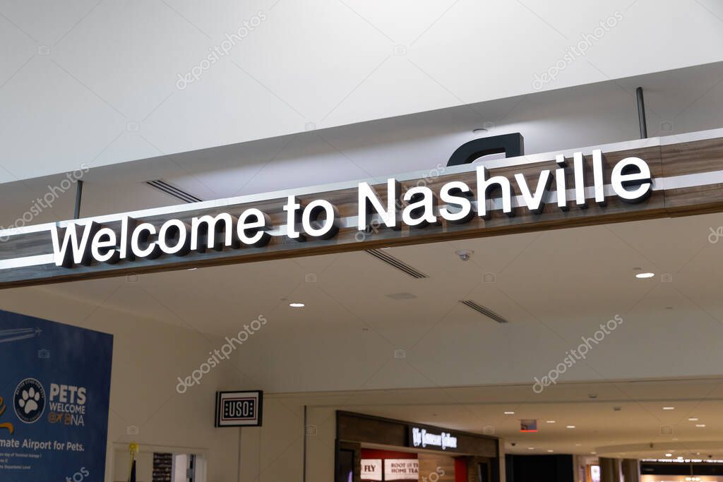 Nashville, TN, USA - April 16, 2025: A Welcome to Nashville sign. The Nashville International Airport, originally known as Berry Field, is located just Southeast of downtown and built in 1937.