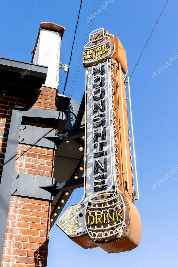 Nashville, TN, USA - March 9, 2025: The Ole Smoky Distillery is located in downtown Nashville is known for its moonshine, available nationwide, but the distillery offers mixed drinks and food as well.