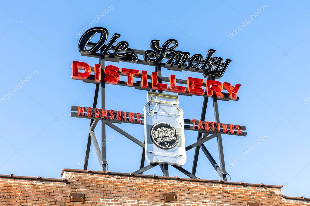 Nashville, TN, USA - March 9, 2025: The Ole Smoky Distillery is located in downtown Nashville is known for its moonshine, available nationwide, but the distillery offers mixed drinks and food as well.