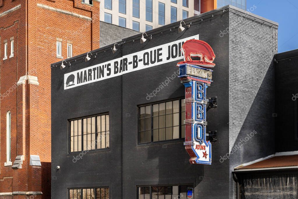 Nashville, TN, USA - March 9, 2025: Martin's Bar-B-Que Joint is a popular BBQ restaurant in downtown Nashville with West Tennessee style whole hog BBQ.
