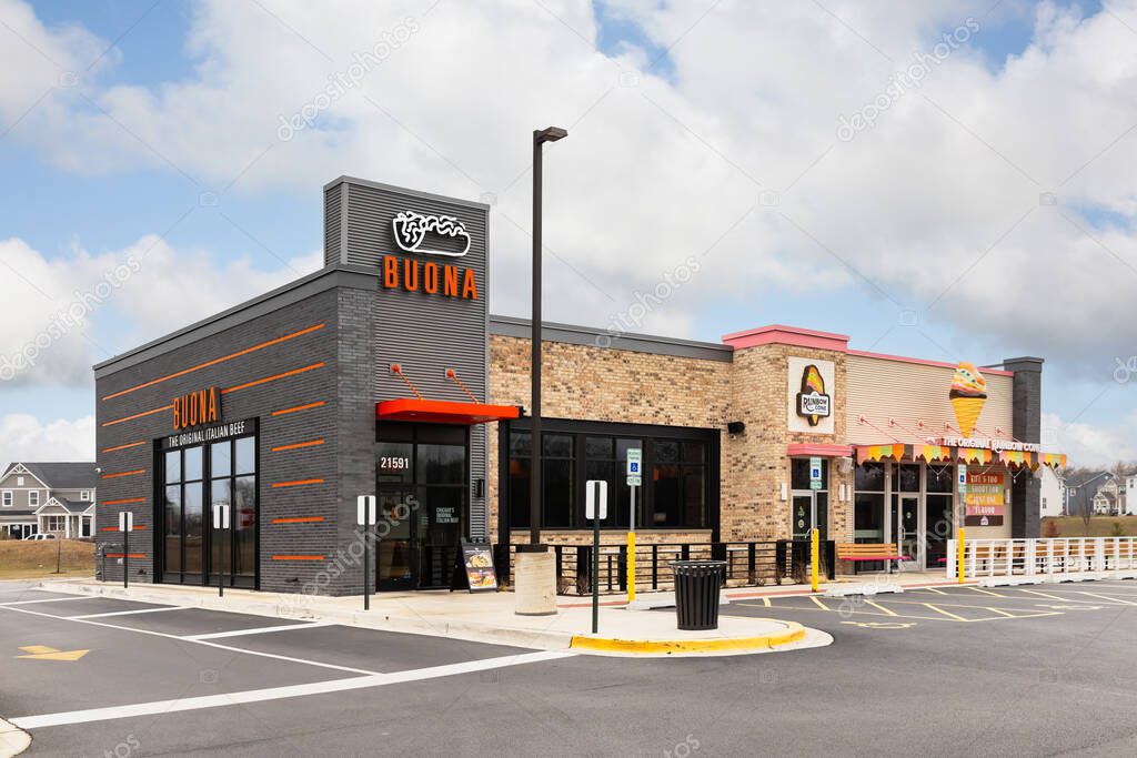 Kildeer, IL, USA - April 10, 2025: A new Buona Beef and Rainbow Cone restaurant. The restaurants offer Italian beef, pizza, salad, and Original Rainbow Cone's famous ice cream.