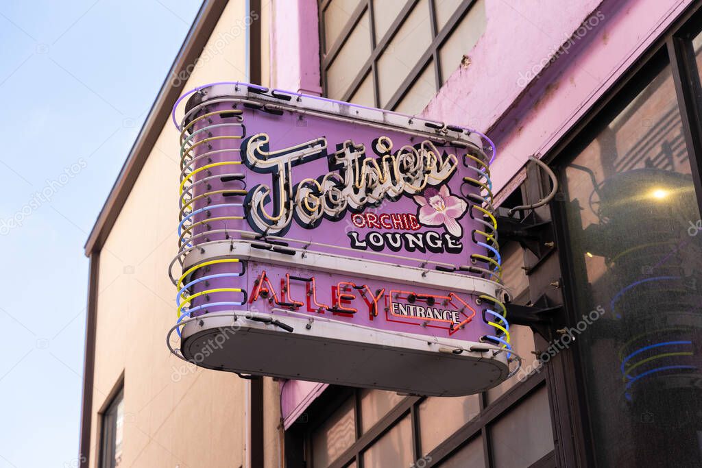 Nashville, TN, USA - March 8, 2025: Tootsie's Orchid Lounge is a historic bar located on Lower Broadway behind the famous Ryman Auditorium.