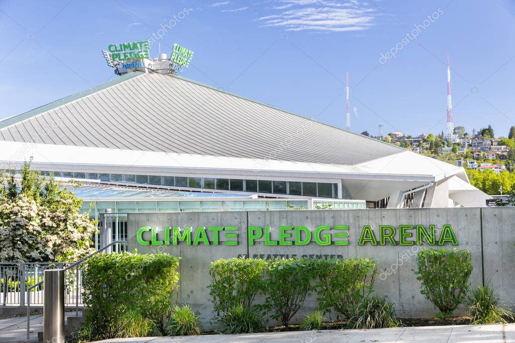 Seattle, WA, USA - May 30, 2025: Climate Pledge Arena, home to the Seattle Kraken and Seattle Storm, is an indoor arena hosting sports and events in downtown Seattle.