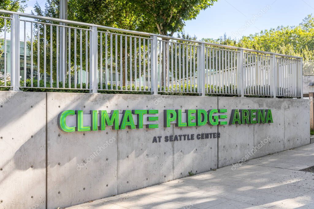 Seattle, WA, USA - May 30, 2025: Climate Pledge Arena, home to the Seattle Kraken and Seattle Storm, is an indoor arena hosting sports and events in downtown Seattle.