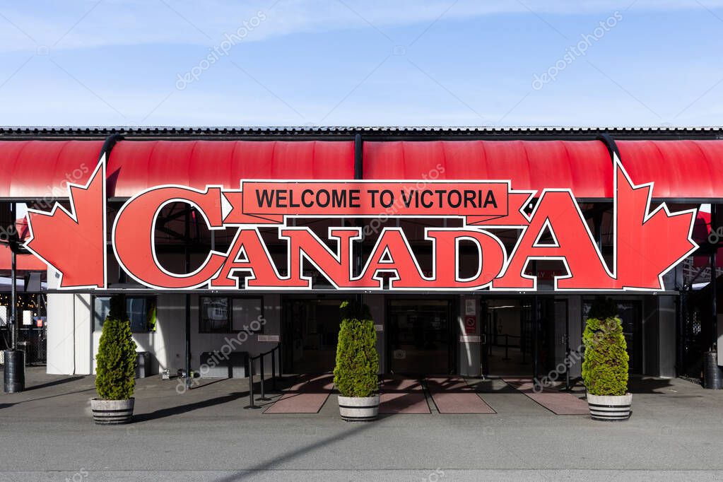 Victoria, BC, Canada - June 5, 2025: The Welcome to Victoria Canada sign, at the Victoria cruise port, as passengers enter Canada from their ships.
