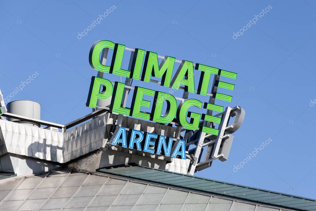Seattle, WA, USA - May 30, 2025: Climate Pledge Arena, home to the Seattle Kraken and Seattle Storm, is an indoor arena hosting sports and events in downtown Seattle.