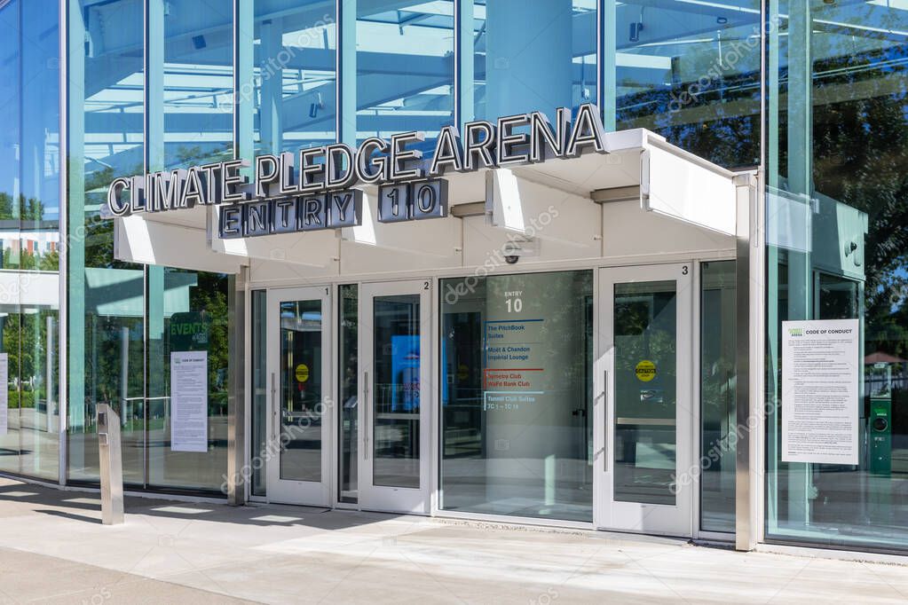 Seattle, WA, USA - May 30, 2025: Climate Pledge Arena, home to the Seattle Kraken and Seattle Storm, is an indoor arena hosting sports and events in downtown Seattle.