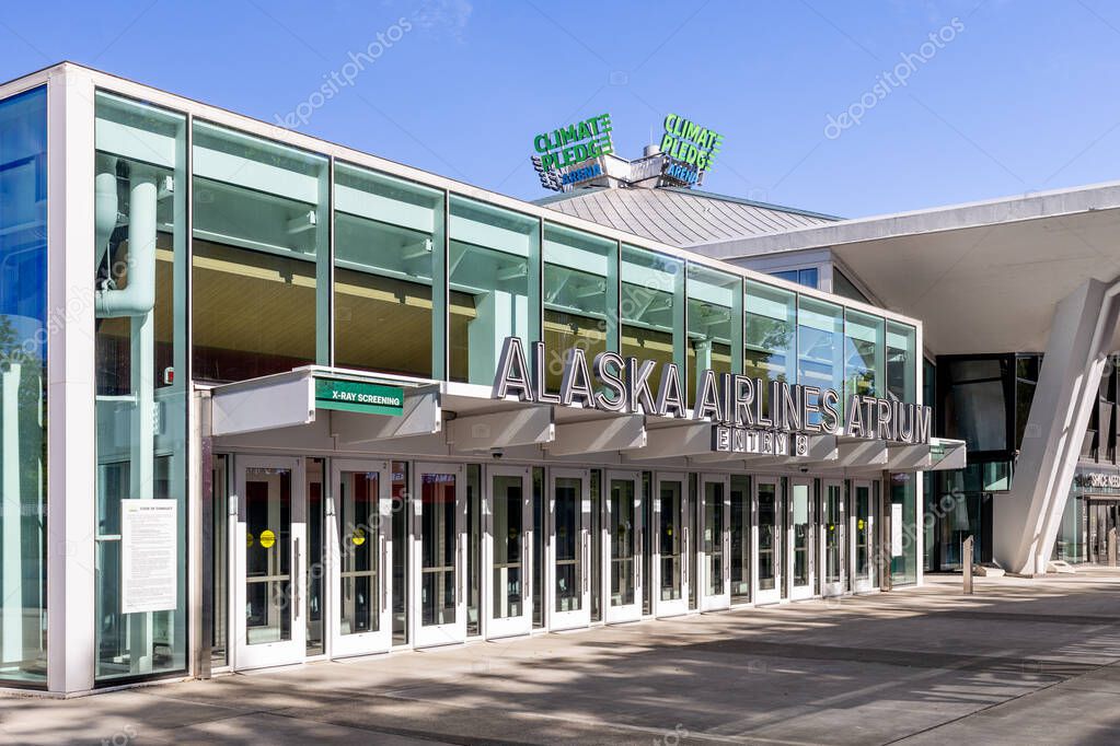 Seattle, WA, USA - May 30, 2025: Climate Pledge Arena, home to the Seattle Kraken and Seattle Storm, is an indoor arena hosting sports and events in downtown Seattle.