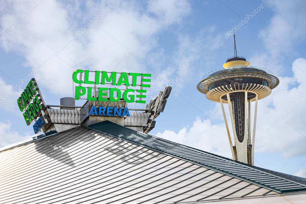 Seatlle, WA, USA - May 30, 2025: Climate Pledge Arena, home to the Seattle Kraken and Seattle Storm, is an indoor arena hosting sports and events in downtown Seattle.