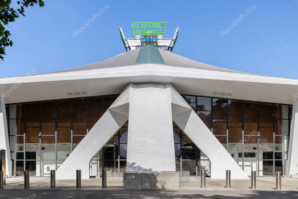 Seattle, WA, USA - May 30, 2025: Climate Pledge Arena, home to the Seattle Kraken and Seattle Storm, is an indoor arena hosting sports and events in downtown Seattle.