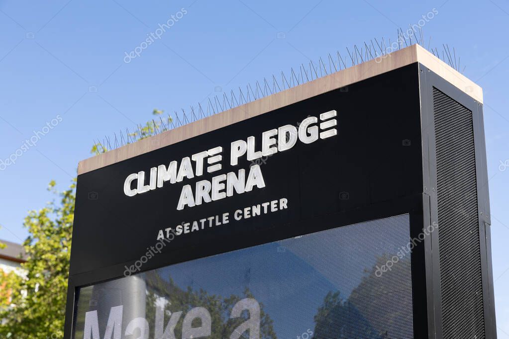 Seattle, WA, USA - May 30, 2025: Climate Pledge Arena, home to the Seattle Kraken and Seattle Storm, is an indoor arena hosting sports and events in downtown Seattle.