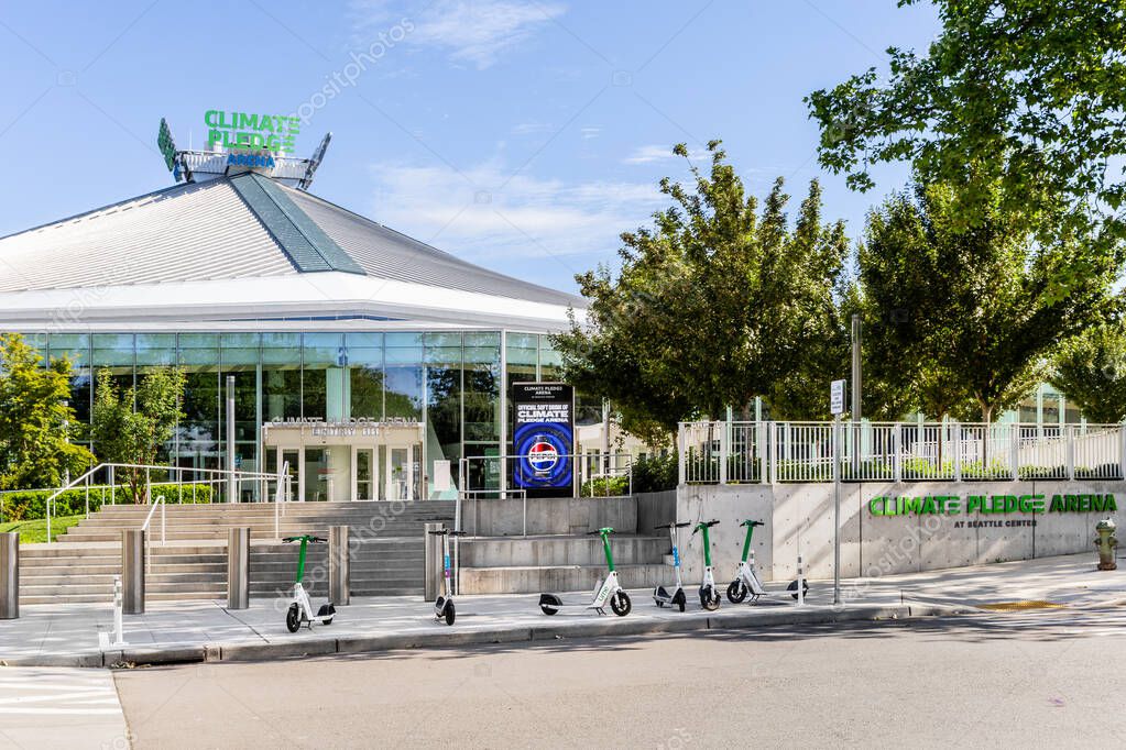 Seattle, WA, USA - May 30, 2025: Climate Pledge Arena, home to the Seattle Kraken and Seattle Storm, is an indoor arena hosting sports and events in downtown Seattle.