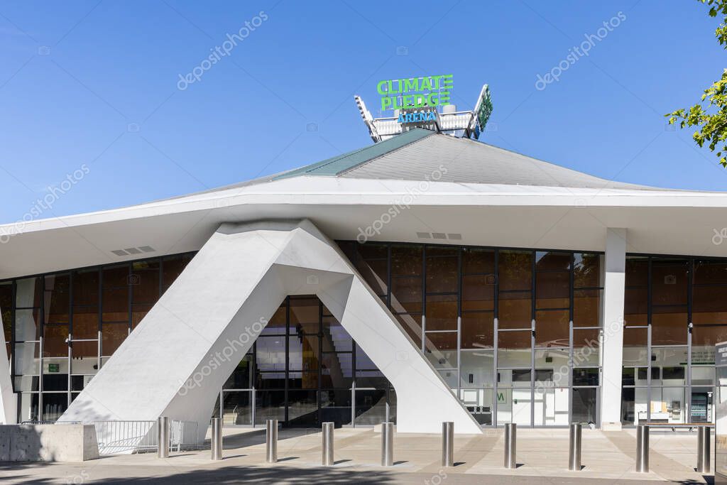 Seattle, WA, USA - May 30, 2025: Climate Pledge Arena, home to the Seattle Kraken and Seattle Storm, is an indoor arena hosting sports and events in downtown Seattle.