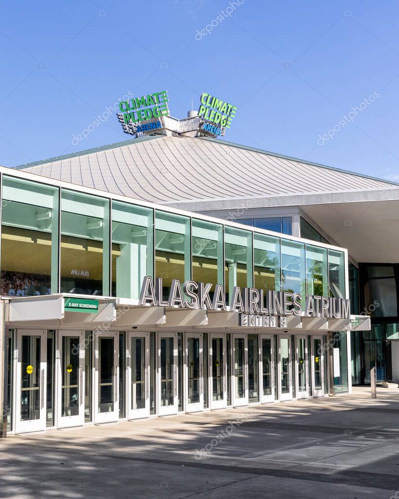 Seattle, WA, USA - May 30, 2025: Climate Pledge Arena, home to the Seattle Kraken and Seattle Storm, is an indoor arena hosting sports and events in downtown Seattle.
