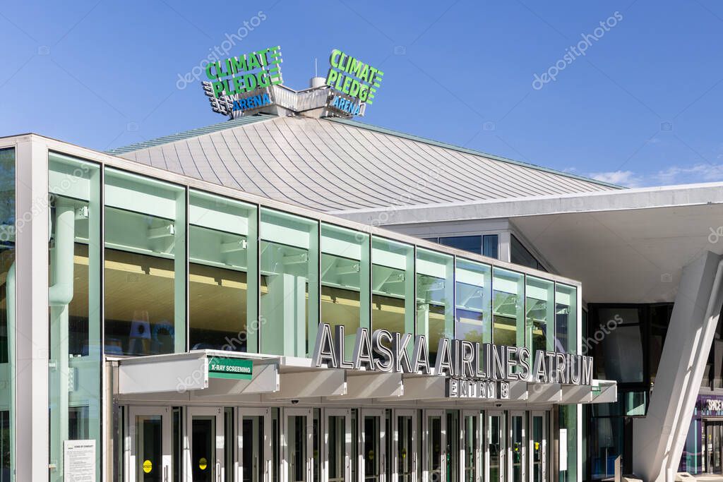 Seattle, WA, USA - May 30, 2025: Climate Pledge Arena, home to the Seattle Kraken and Seattle Storm, is an indoor arena hosting sports and events in downtown Seattle.