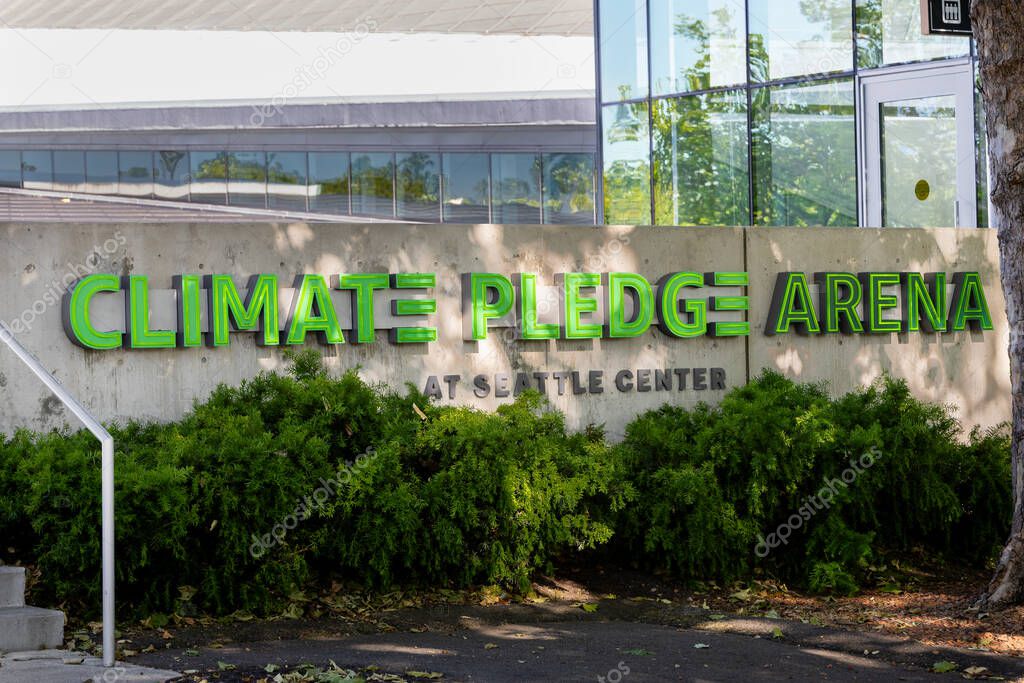 Seattle, WA, USA - May 30, 2025: Climate Pledge Arena, home to the Seattle Kraken and Seattle Storm, is an indoor arena hosting sports and events in downtown Seattle.