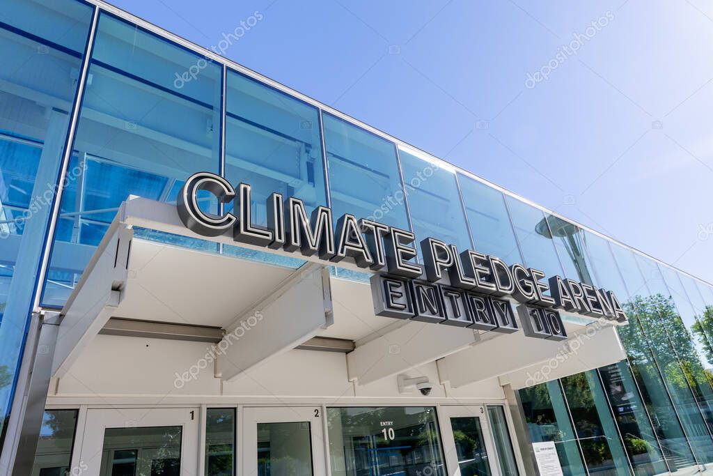 Seattle, WA, USA - May 30, 2025: Climate Pledge Arena, home to the Seattle Kraken and Seattle Storm, is an indoor arena hosting sports and events in downtown Seattle.