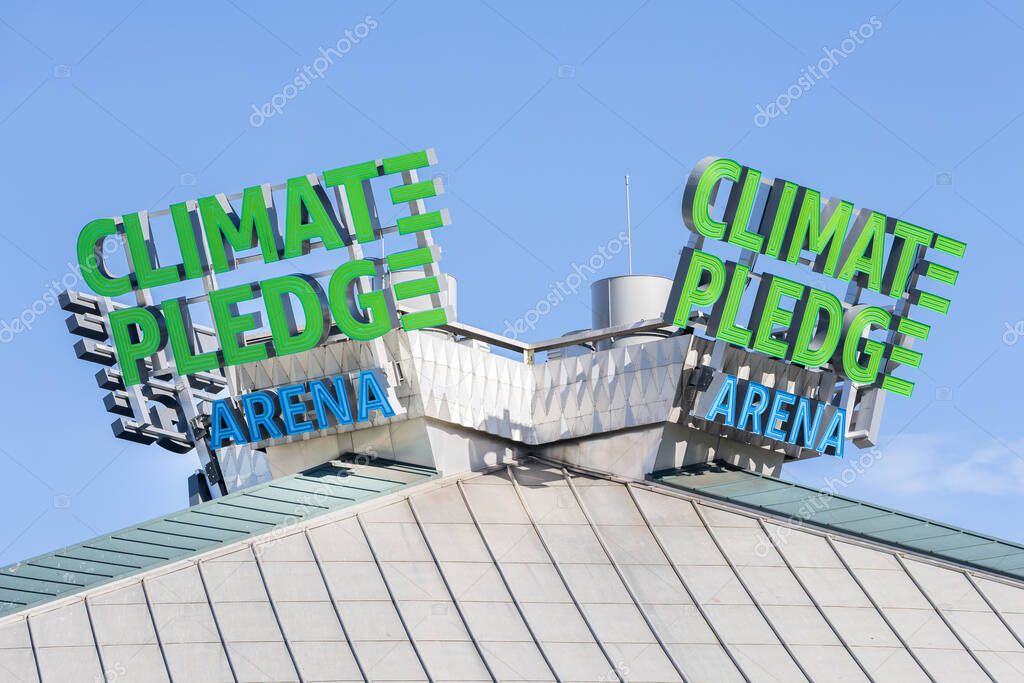 Seattle, WA, USA - May 30, 2025: Climate Pledge Arena, home to the Seattle Kraken and Seattle Storm, is an indoor arena hosting sports and events in downtown Seattle.