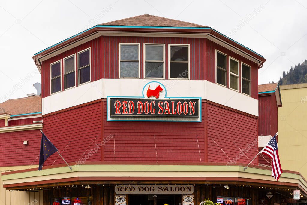 Juneau, AK, USA - June 3, 2025: The Red Dog Saloon is a locals and tourists favorite bar and restaurant located in downtown Juneau. Theyre famously known for their Duck Fart shot.